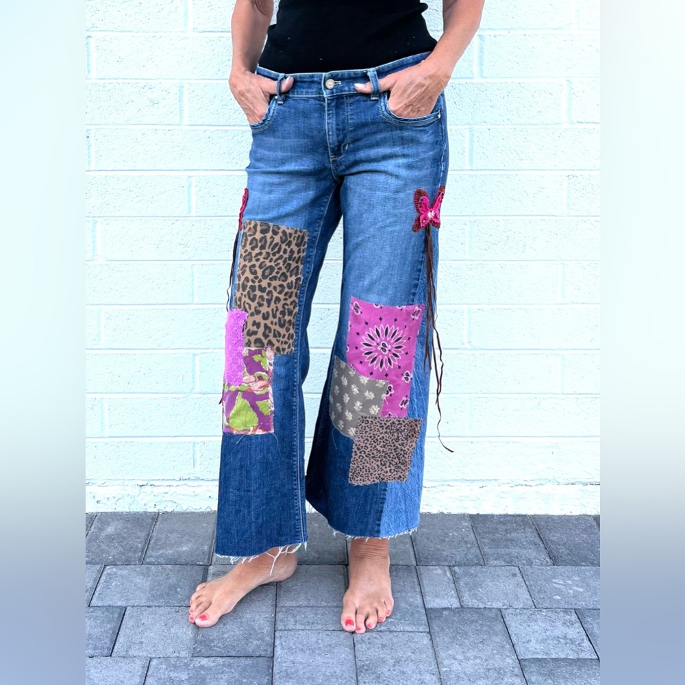 Upcycled wide leg mid rise jeans with patchwork and butterfly embellishments - Picture 7 of 9